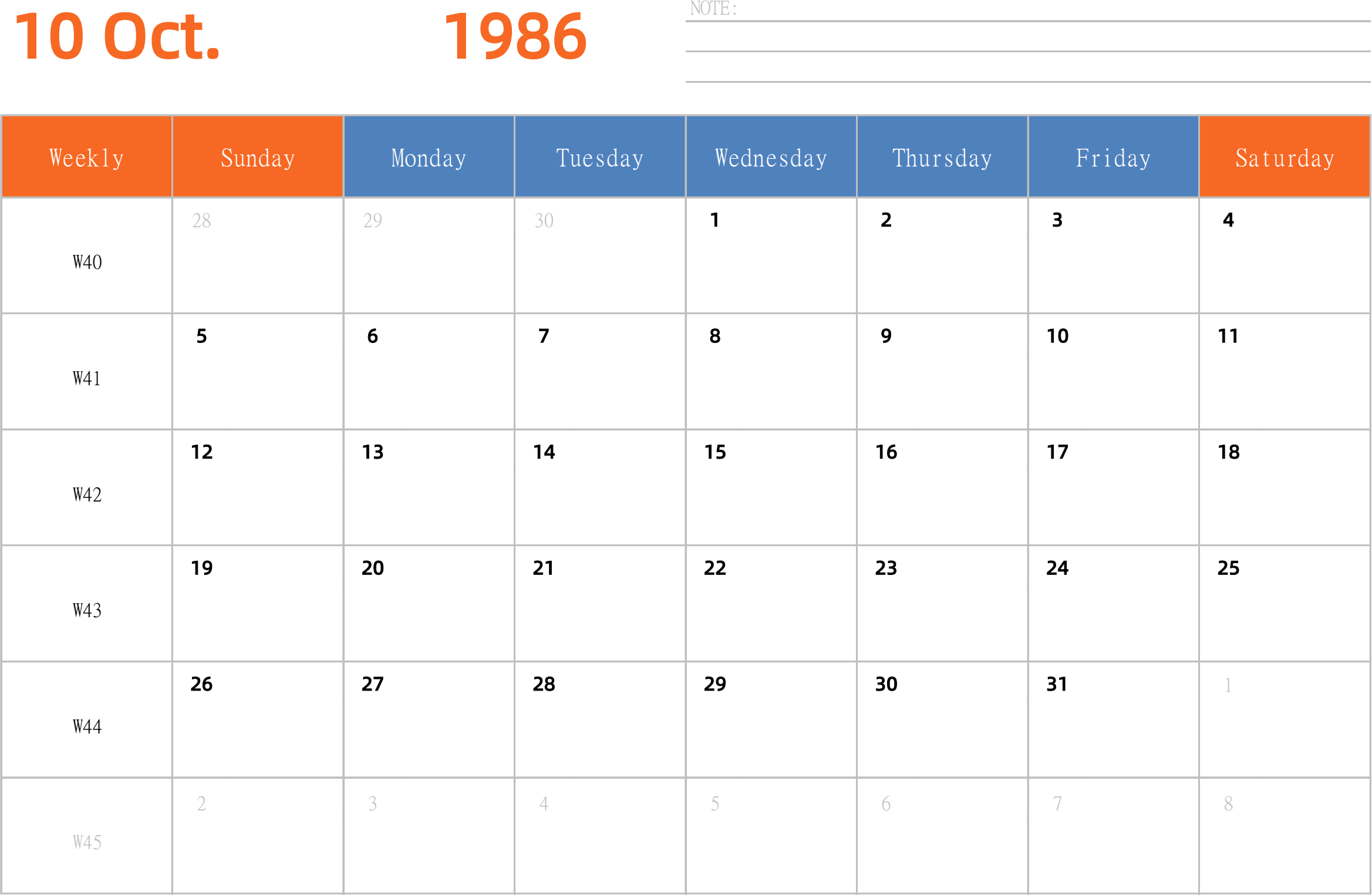 日历表1986年日历 英文版 横向排版 周日开始 带周数